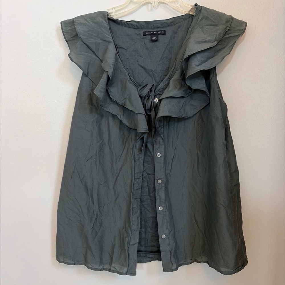Banana Republic Slate Green Ruffle Button-Front Sleeveless Blouse